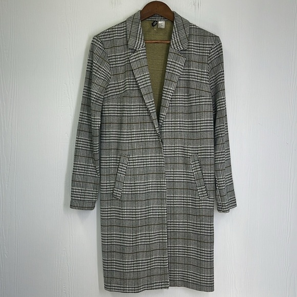 H&M - Tweed Black And White Green Stripe 2 Button Snap Long Blazer Size XS - Picture 9 of 14